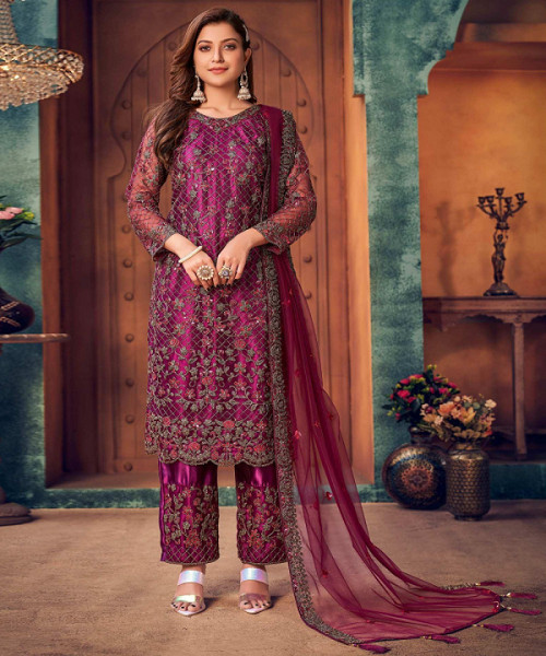 Magenta Pink Embroidered Netted Pakistani Suit