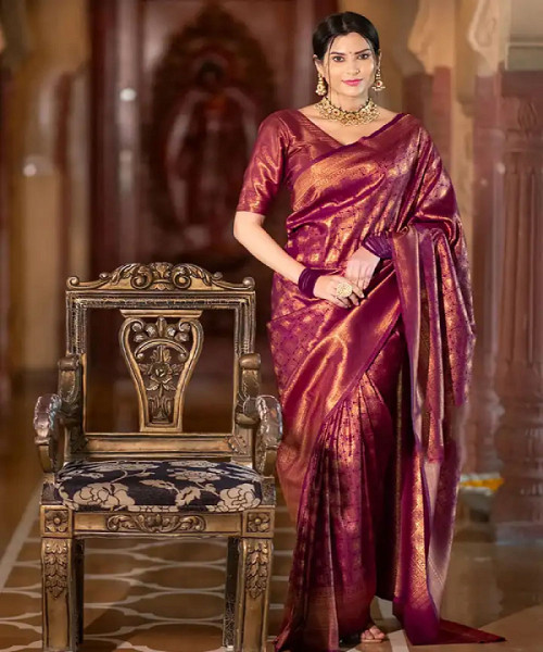 KALINI Maroon & Gold Ethnic Motifs Zari Silk Blend Banarasi Saree